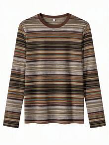 1pc Women's Round Neck Long Sleeve Slim Fit Top, Multi-Color Vintage Striped Fitted Pullover, Elastic Soft Basic Shirt - Multicolor - View 6