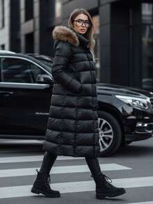 Women's Long Quilted Winter Puffer Coat With Hood, Detachable Faux Fur, Convertible Length Jacket - Black - View 3