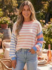 Acelitt Multicolor Striped & Colorblock Patchwork Design Simple Casual Pullover Sweater,Long Sleeve Tops Pink - Pink - View 1