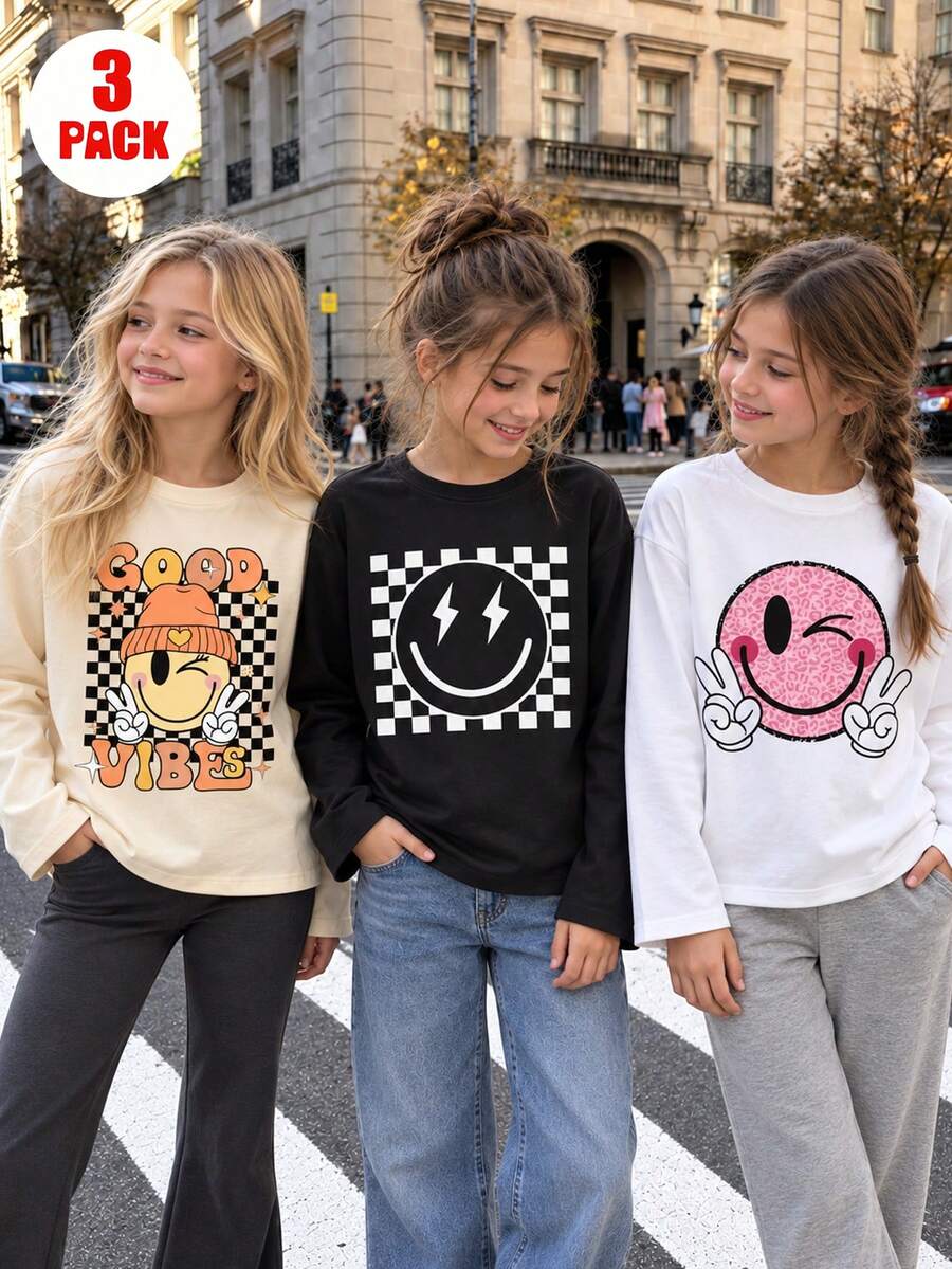 [Back To School Layering]Tween Girl 3pcs Printed Long Sleeve T-Shirt Set, Suitable For Girls' Autumn/Winter Tops, Young Student Children's Clothing, Suitable For Outerwear And Inner Layering - Multicolor - View 1