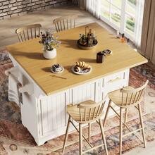 Multi-Function Kitchen Island/ Movable Dining Table Extension, Vertical-Groove Cabinets, Large Drawer Storage, Both-Sides Fold-Out Top, & Rolling Buffet Sideboard - White + MDF - View 4