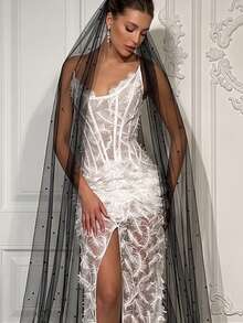 1PC Black Starry Beaded Long Train Veil, Single Layer Tulle With Comb, Gothic Dark Bridal Veil For Halloween Photoshoot - Multicolor - View 2