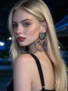 1 Pair Luxury Heavy-Duty Full Rhinestone Heart Earrings Suitable For Women's Party, Gathering, Holiday Wear (Rhinestone Color Random) - Multicolor - View 3