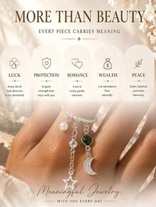 outingfit 1pc New Multi-Layer Tassel Emerald Crystal Star & Moon Pendant Ring, Versatile European & American Style Minimalist Tassel Ring For Women, Premium Design - Silver - View 4