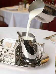 1pc Small Stainless Steel Latte Art Pitcher With Pointed Spout, Milk Frothing Jug, Milk Foamer, Matching Sugar & Milk Cup - Silver - View 2