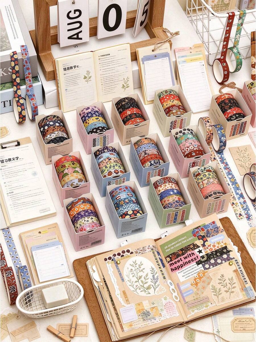 5 Rolls Vintage Cartoon Washi Tape Set, Retro Floral & Animal Pattern Decorative Stickers, Suitable For Scrapbooking, Journaling, Planner And DIY Crafts, Back To School Stationery - Wind and Objects Series - View 1