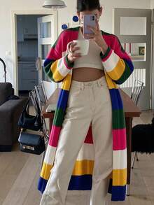 Women's Vintage Colorful Horizontal Striped Knit Cardigan, Loose Straight Long Sleeve Buttonless Outerwear, Mid-Length Slouchy Contrast Color Soft Knit Jacket Top, Spring/Autumn - Multicolor - View 1