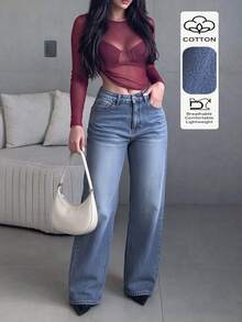 女款低腰寬鬆無彈力直筒牛仔褲，適合日常穿著與外出，百搭實穿 - 中等水洗藍 - 查看 1