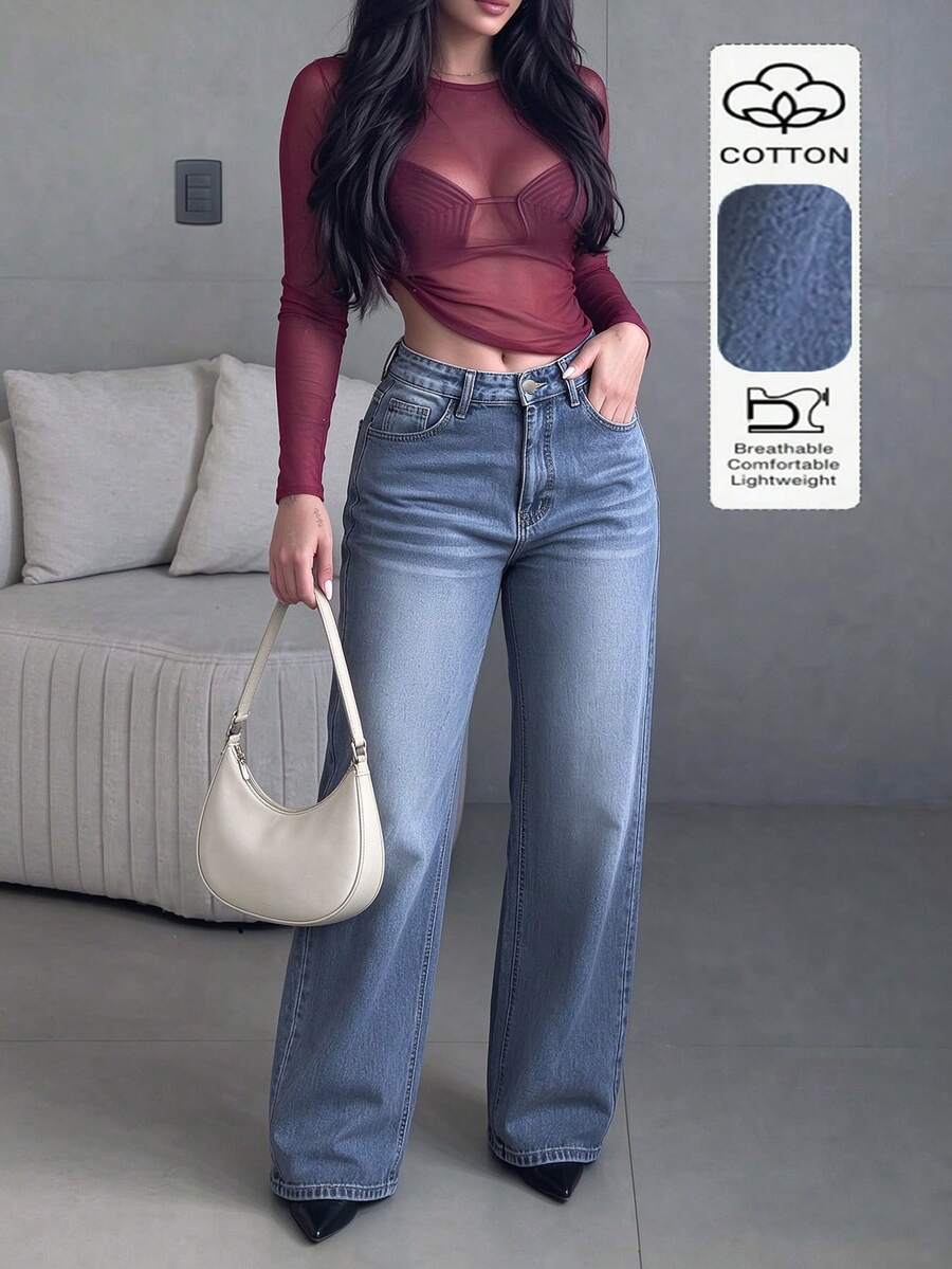 女款低腰寬鬆無彈力直筒牛仔褲,適合日常穿著與外出,百搭實穿 - 中等水洗藍 - 查看 1
