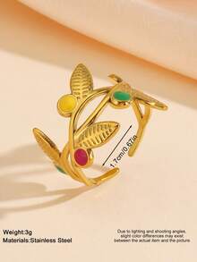 1pc Stainless Steel Gold-Plated Leaf Shaped Oil-Drip Open Ring, Niche Minimalist Design, Suitable For Women's Daily Wear - Multicolor - View 2