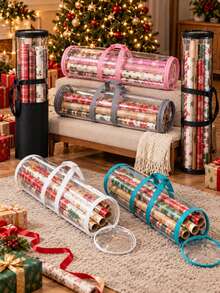 1pc Christmas Wrapping Paper Storage Bag, Waterproof Oxford Fabric Gift Wrapping Storage Bag, Foldable Round Gift Wrapping Roll Storage Box With Transparent Window And Handle, Christmas Gift Decoration Holiday Gift Wrapping Storage Box - Half Black - View 3