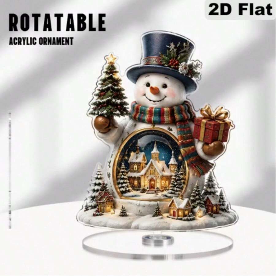 1pc Vintage Christmas Snowman Acrylic Tabletop Stand, 2D Flat Printed Snowman With Winter Town Scene Rotating Ornament, Xmas Table Decor Gift - D - View 1