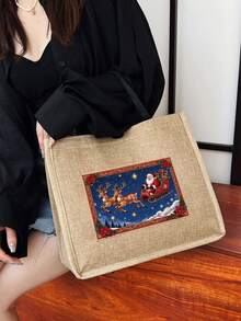 1件卡其色聖誕圖案印花女款托特包，可重複使用，適合外出攜帶 - 卡其色 - 查看 2