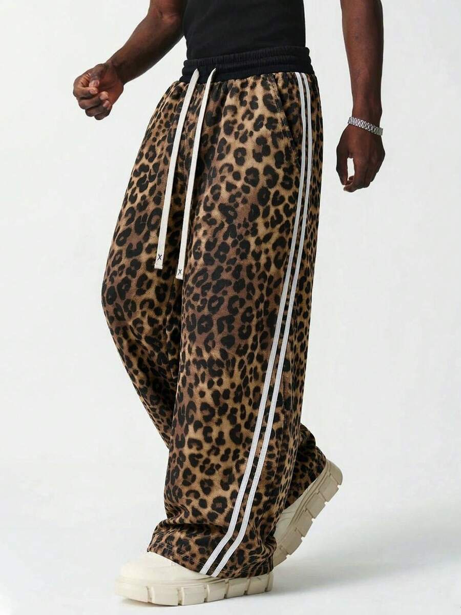 American Vintage Wild Leopard Print Side Double White Stripe Wide Leg Pants, Drape Long Casual Trousers With Elastic Drawstring Waist, Adjustable, Fashionable And Comfortable - Light Grey - View 1