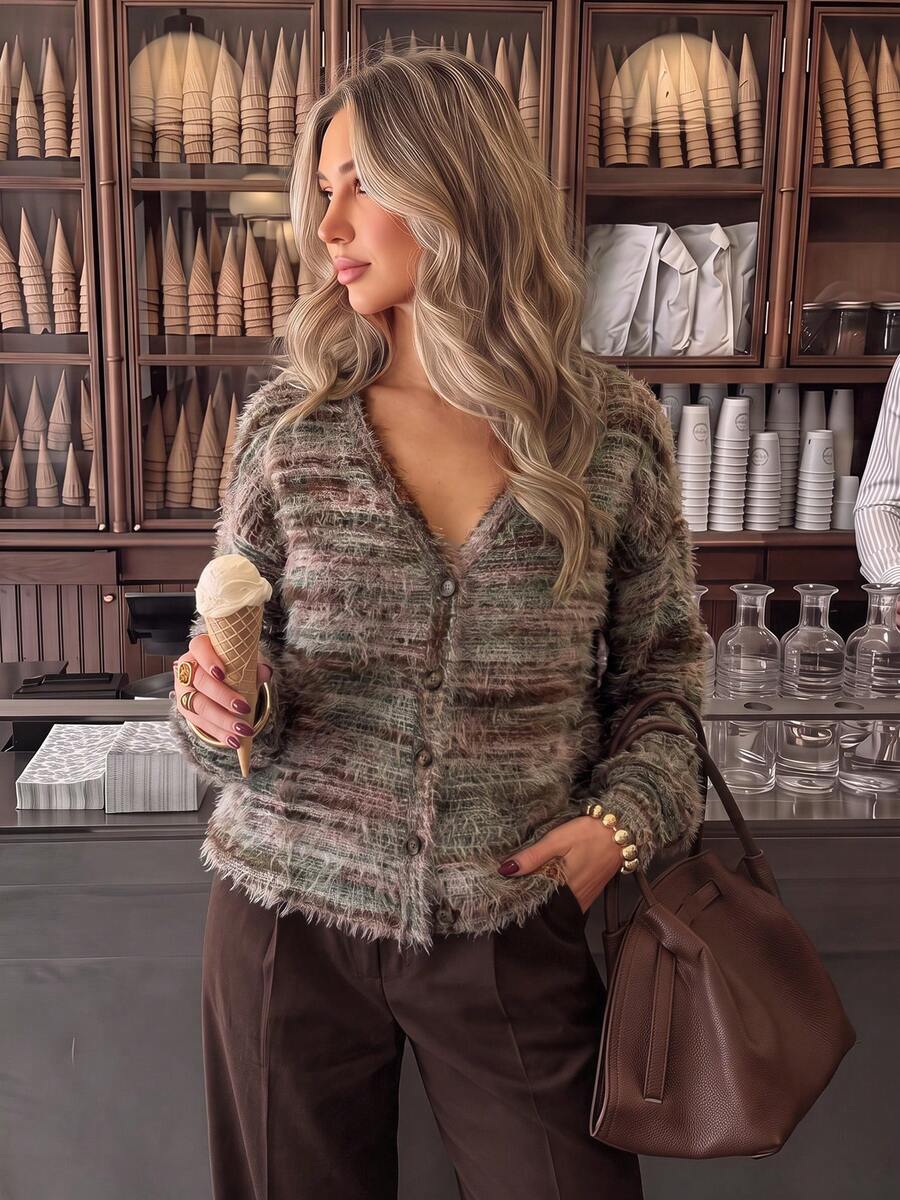 Women's Multicolor Striped Fuzzy Knit Cardigan V Neck Button Front Long Sleeve Relaxed Fit Sweater For Casual Fall Winter Outfits - Multicolor - View 1