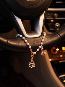 Faux Pearl Beaded Car Hanging Ornament, Christmas Tree & Candy Cane Oil-Drip Alloy Pendant, Car Rearview Mirror Christmas Decor - A - View 1