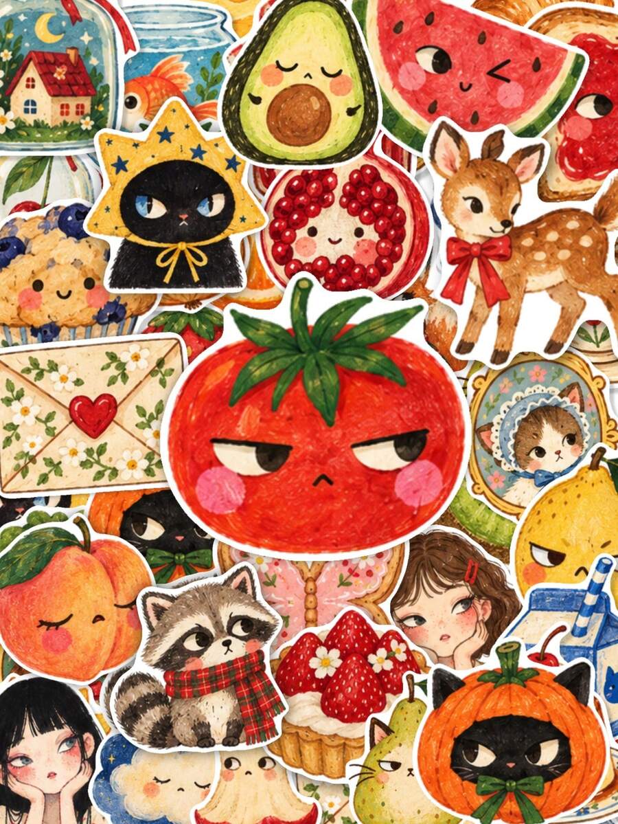 50pcs Watercolor Hand-Drawn Fruit & Animal Stickers, Cute Cartoon Food Stickers, Avocado, Watermelon, Raccoon, Black Cat, Berry Pastry, Mixed Character Patterns, Waterproof Vinyl Stickers For Water Bottles, Laptops, Luggage, Journals - Multicolor - View 1