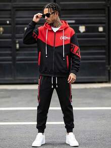 Spring/Autumn Men's Outdoor Letter Print Hooded Jacket And Drawstring Waist Cuffed Pants Sports Set - Black - View 2