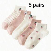 1/5/10 Pairs Cute Strawberry & Rabbit Socks, Simple Breathable Low-Cut Short Socks For Women, Fashion Casual Outdoor - Multicolor - View 9