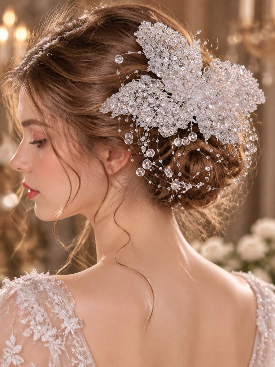 KOVLYNE 1pc Elegant Rhinestone Crystal Bridal Headpiece, Sparkling Floral Wedding Crown With Pearl Beaded Tassel, Suitable For Bride, Prom And Special Occasions Princess Style Hair Accessory - White - View 1