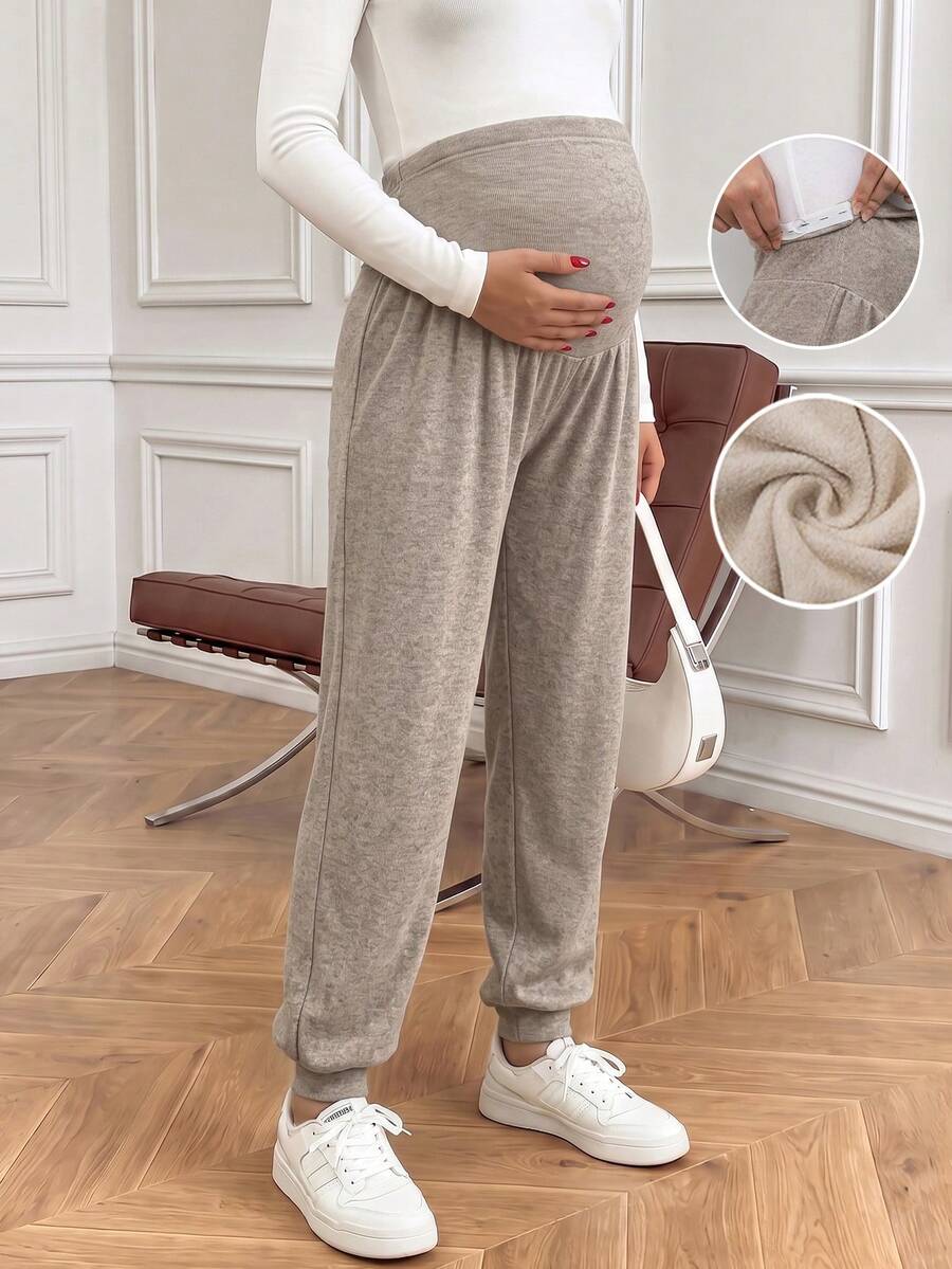 Bump Style Maternity High Elasticity Khaki Joggers: High Waist Belly Support, Suitable For Work, Casual And Daily Activities - Khaki - View 1