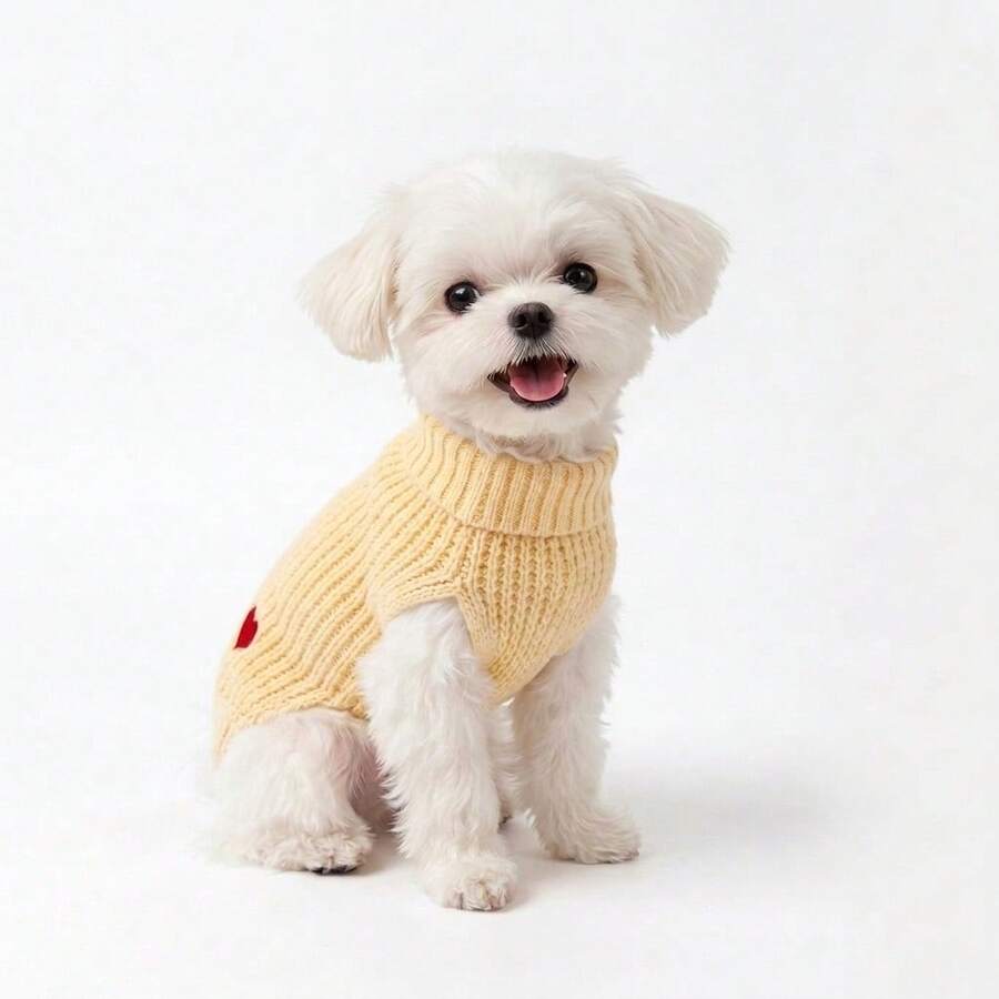 Warm Winter Pet Outfit Light Yellow Knitted Sweater Cute Red Heart Dog Cat Clothes Gift For Teddy Chihuahua - Multicolor - View 1