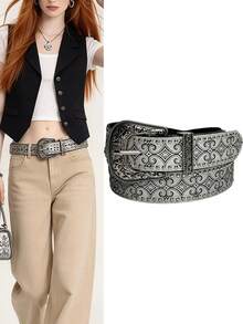 1pc Vintage Western Rivet Belt, Silver Retro Embossed Metal Buckle, Niche Minimalist Fashion Waist Belt - Multicolor - View 1