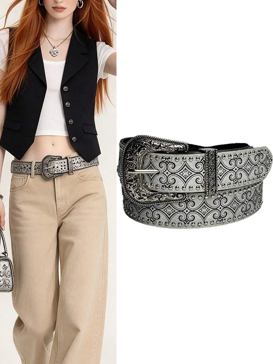 1pc Vintage Western Rivet Belt, Silver Retro Embossed Metal Buckle, Niche Minimalist Fashion Waist Belt - Multicolor - View 1