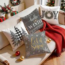4pcs/1pc Christmas Black & White Plaid Gray Tone Pine Tree Pattern Pillow Covers, Single-Sided Printed Cushion Covers, Suitable For Living Room Bedroom Home Decor, All Season Pillow Covers - Multicolor - View 8