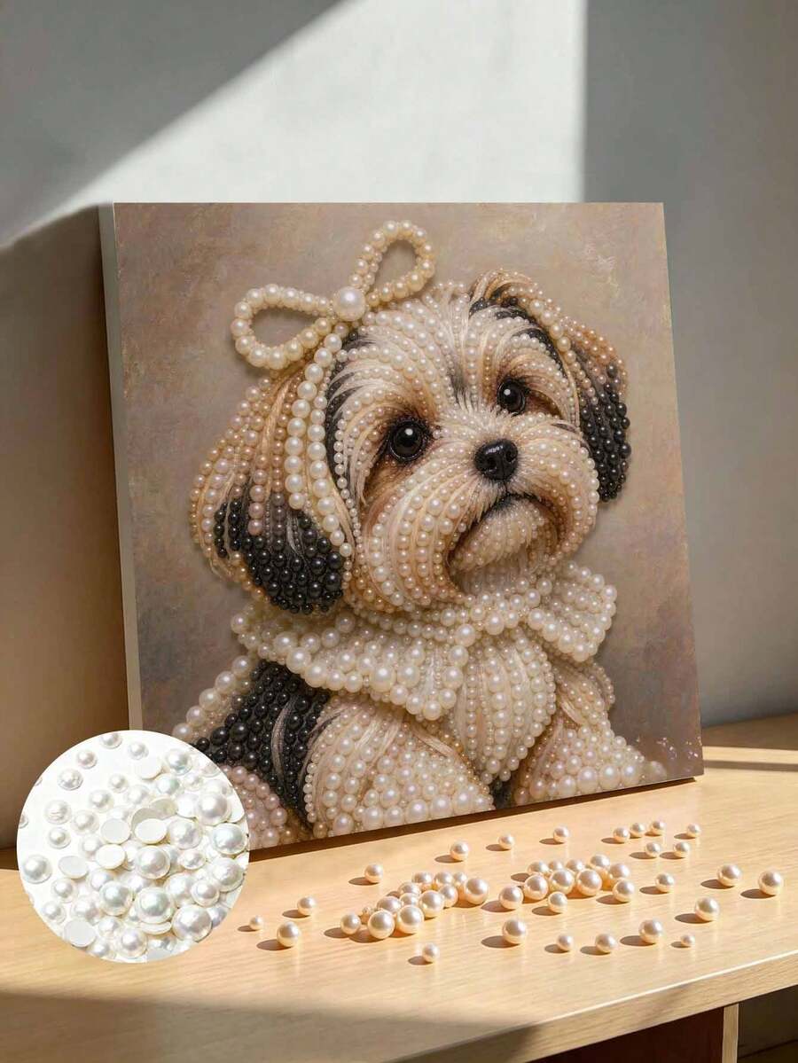 DIY Pearl Painting Kit With Frame, Cute Shih Tzu Puppy With Bow Gem Art Picture, Handmade Home Wall Decor - A - View 1