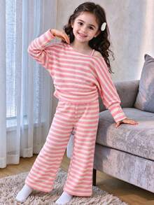 Galaxy Graffiti 4-7 Years Old Girls 2 Pieces Set, Asymmetrical Shoulder Long Sleeve Top + Loose Straight Leg Pants, Relaxed Casual Style For Spring/Autumn Daily Wear And Outings - Pink - View 2