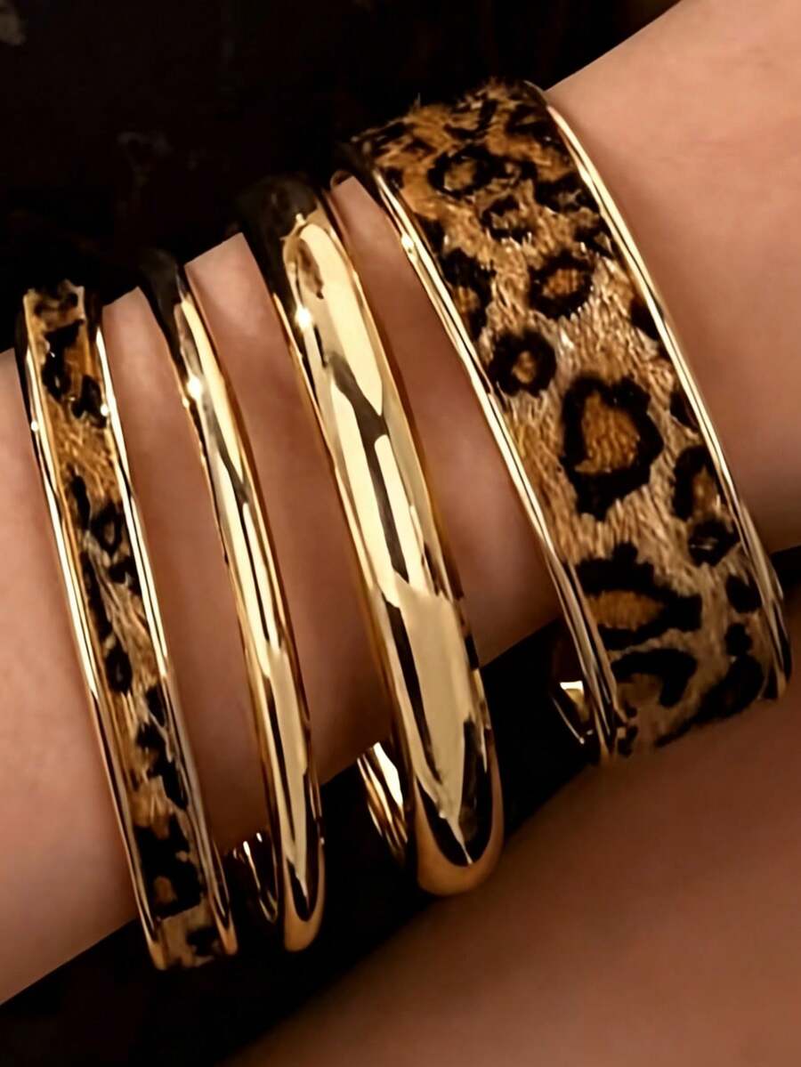1 Set Hot Girl Style Sweet & Cool Leopard Print Bracelet, Paired With Smooth Layered Bracelet Set, Suitable For Street Fashion And Niche Outfits - Gold - View 1