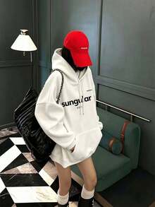 Women's Hooded Sweatshirt, Autumn/Winter New Letter Print, Drawstring Design, With Pockets, Casual Versatile Loose Fit Top, Fashionable Daily Wear - White - View 1