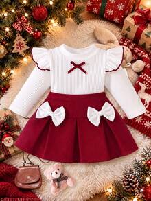 Baby Girl Bow Long Sleeve Top + Pleated Skirt 2pcs Set, Autumn/Winter Red Outfit, Christmas Wear, Flutter Sleeve Undershirt, Red Skirt, Sweet And Cute - White - View 4