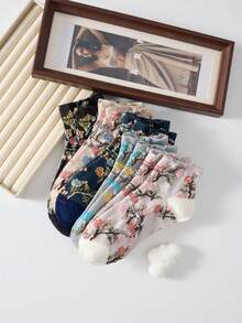 5 Pairs Women's Short Socks, Floral Pattern, French Country Style, Suitable For Spring, Summer, Autumn, Winter Daily Wear, Random Color - Multicolor - View 5