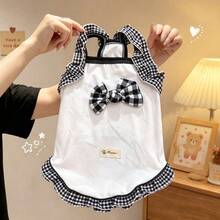 1pc Black & White Plaid Ruffle Pet Camisole, Soft Breathable Cotton Sleeveless Dog Top With Bow, Spring/Summer Small Cat & Dog Clothes For Teddy, Bichon, Pomeranian, Yorkshire Terrier - White - View 2