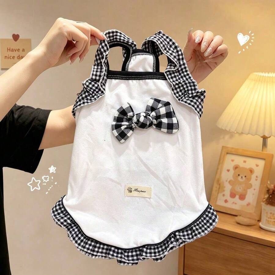 1pc Black & White Plaid Ruffle Pet Camisole, Soft Breathable Cotton Sleeveless Dog Top With Bow, Spring/Summer Small Cat & Dog Clothes For Teddy, Bichon, Pomeranian, Yorkshire Terrier