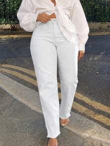 Plus Size Women's Frayed Hem Stretch Slim Straight Tapered Denim Jeans Cigarette Pants - White - View 1