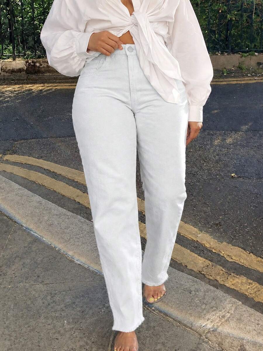 Plus Size Women's Frayed Hem Stretch Slim Straight Tapered Denim Jeans Cigarette Pants - White - View 1