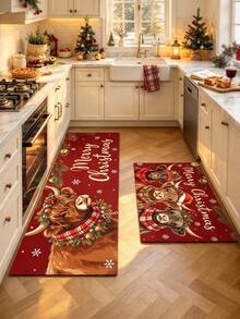 1/2pcs Christmas Kitchen Decor Rug, Christmas Bull Pattern Winter Kitchen Rug And Mat, Non-Slip Washable Absorbent Kitchen Accessories Decor, Christmas Holiday Gift! - Multicolor - View 3