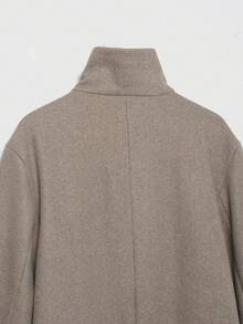 Mantel Pendek Campuran Wol CAREE Wanita Musim Gugur/Dingin, Kerah Tegak Asimetris, Saku Kancing, Model Saku - Khaki - View 7