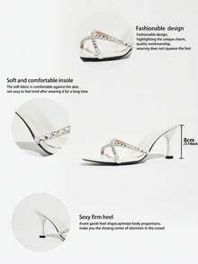 Women's High Heel Sparkling Rhinestone Single Strap Pointed Toe Stiletto High Heel Sandals, Spring Summer Party Evening Wedding Sexy Open Toe Glamorous White Elegant High Heel Sandals - White - View 7