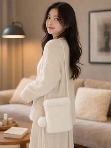 XAXRE Túi đeo chéo vai nữ bằng lông xù mềm, túi đựng điện thoại mùa thu đông trang trí quả bông, dây đeo điều chỉnh được, khóa bấm, túi xách dùng hàng ngày phong cách thường ngày - Nhiều mẫu - Xem 4