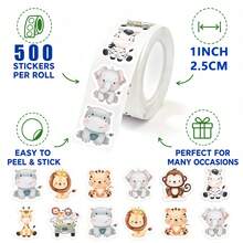 500PCS(1 Roll) 1 Inch Shaped Animal Stickers Cartoon Elephant Hippo ...