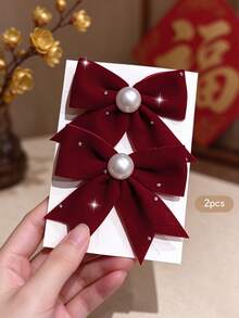 2pcs Red Bow Hair Clips Sweet Style Hair Accessories Suitable For Daily Use - Multicolor - View 2