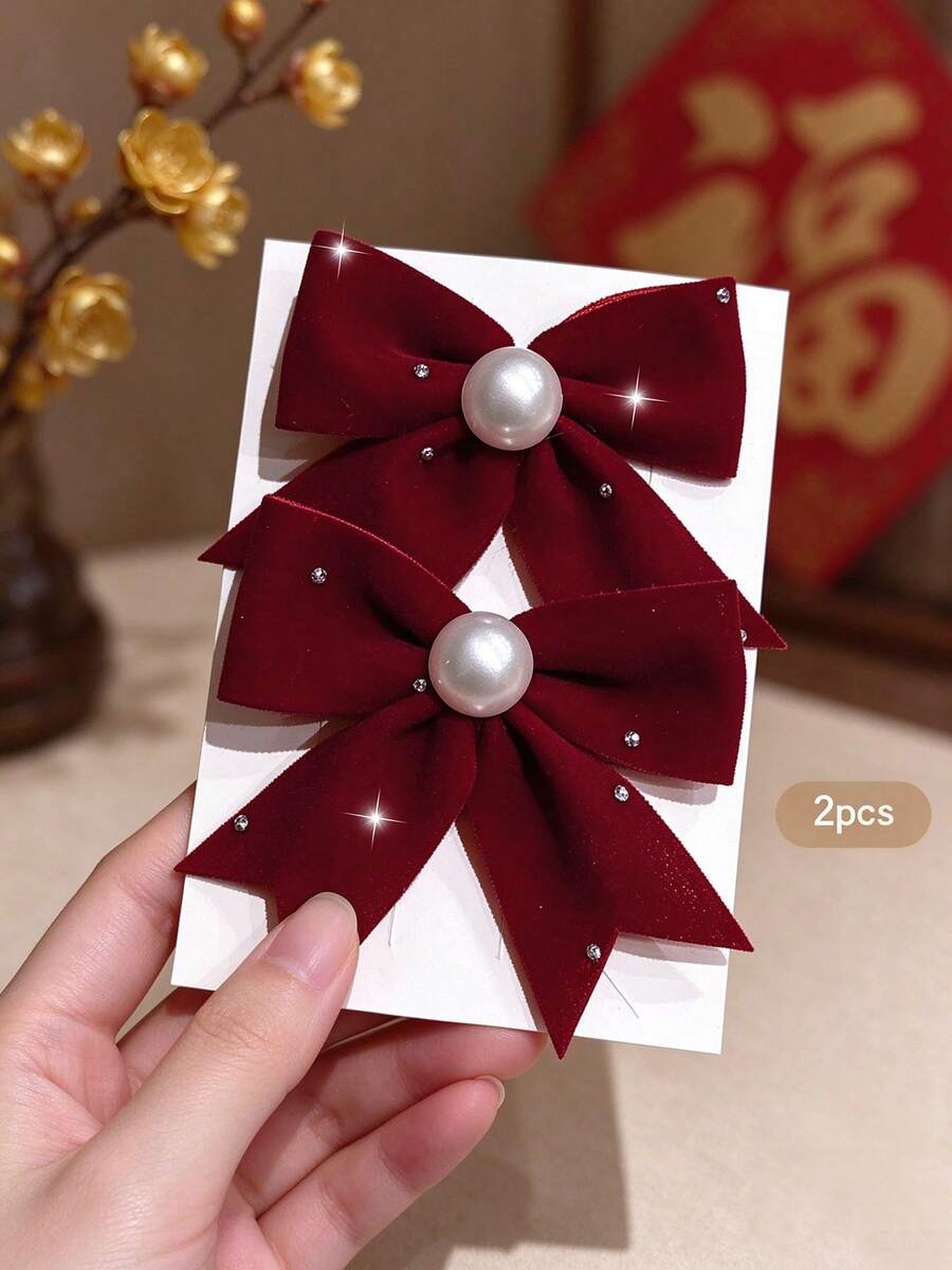 2pcs Red Bow Hair Clips Sweet Style Hair Accessories Suitable For Daily Use