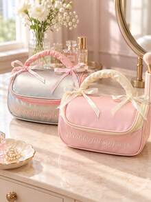 1pc Sweet Style Cosmetic Bag, Faux Leather Makeup Organizer, Desktop Beauty Storage Bag, Travel Toiletry Storage Pouch, Rectangular With Ribbon Handle Design, For Cosmetics, Skincare, Bedroom, Travel, Daily Holiday Use,Christmas,Christmas Present - Multicolor - View 4