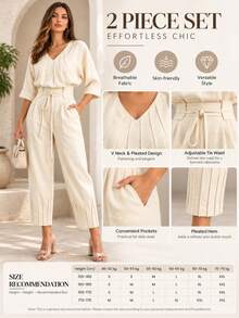 Women's Spring/Autumn Casual Fashion Solid Color Top With Waist Tie And Cropped Pants, Simple Daily 2-Piece Set - Apricot - View 7