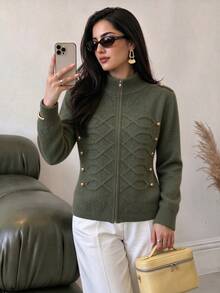 Fashionable Bohemian Style Cable Knit Zipper Cardigan For Women, Long Sleeve Regular Length Stand Collar Sweater With Gold Buttons, Suitable For Autumn - Army Green - View 1