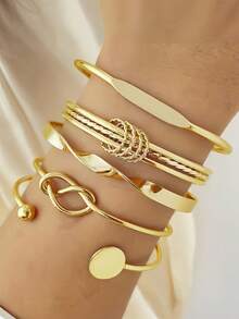 5pcs/Set Vintage Elegant Fashion Smooth Geometric Open Bangles, Women's Minimalist Bracelets, Suitable For Daily, Party, Vacation And Multiple Occasions, Gift - Gold - View 6